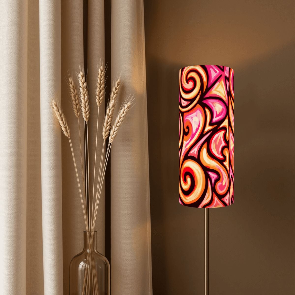 Pacific Tribal Cylindrical Lamp Shade with Ring, 13.8" Height x 5.5" Diameter Linen Lampshade for Standing Lamps