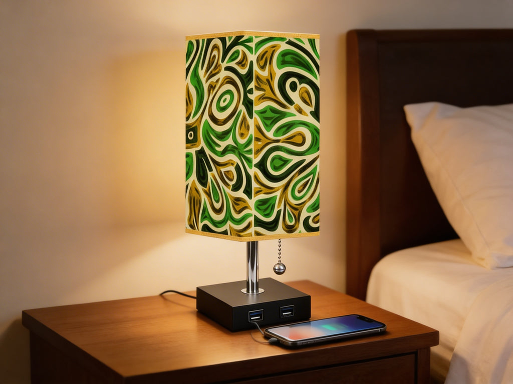 WILDWOOD - Square Table Lamp with USB Port and Gold Trim
